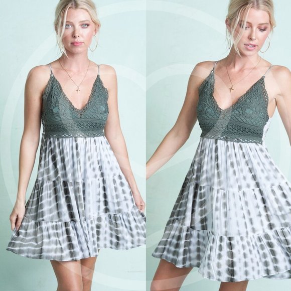 Dresses & Skirts - boho Tie Dye crochet ruffle cami mini dress olive